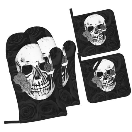 

ZICANCN Oven Mitts and Pot Holders Sets Vintage Aged Rose Skull Print Baking Sets Kitchen Heat Resistant 4 Pieces