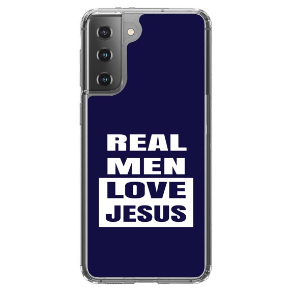 DistinctInk Clear Shockproof Hybrid Case for Galaxy S21 5G (6.2" Screen) - TPU Bumper, Acrylic Back, Tempered Glass Screen Protector - Navy Real Men Love Jesus - Love of Christ