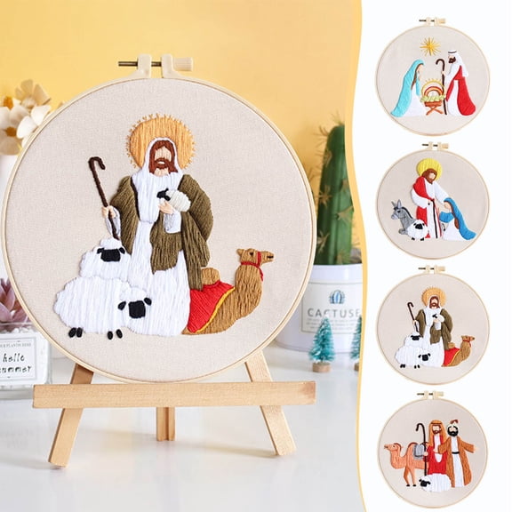 Embroidery Kits for Adults, Nativity Cross Stitch Kits, with Embroidery Hoop, Religious Embroidery Kit, Handmade Fabric Needlepoint Kits, for Christmas Holiday Xmas Easter Decor