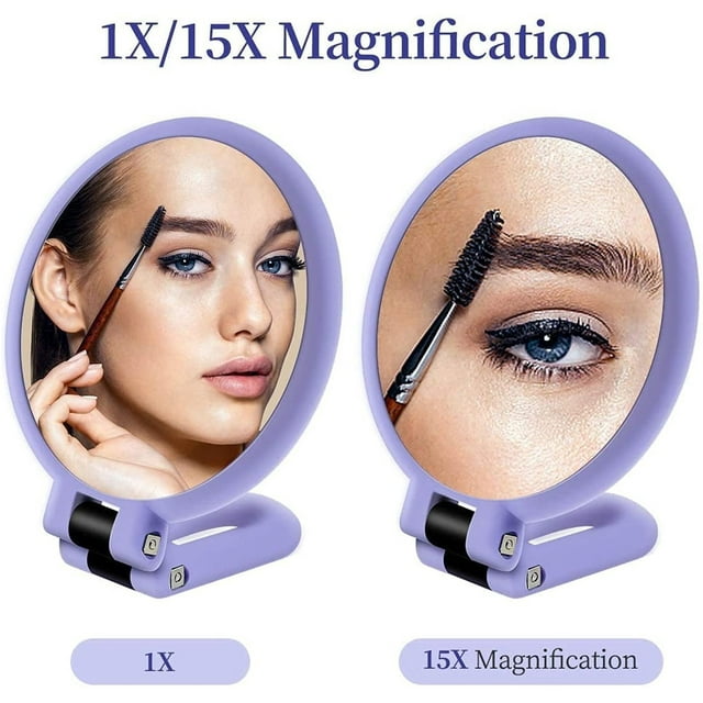 Portable Double Folding Handheld Beauty | Round Design 15X Magnification Makeup Perfect For Delicate Makeup Adjustment And Detail Modification Anytime,Purple Beauty Mirror