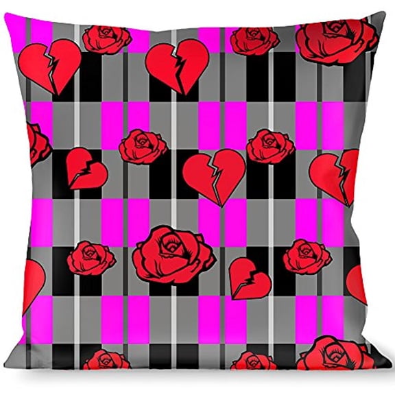 Buckle-Down Throw Pillow - Broken Hearts & Roses w Fuchsia Plaid