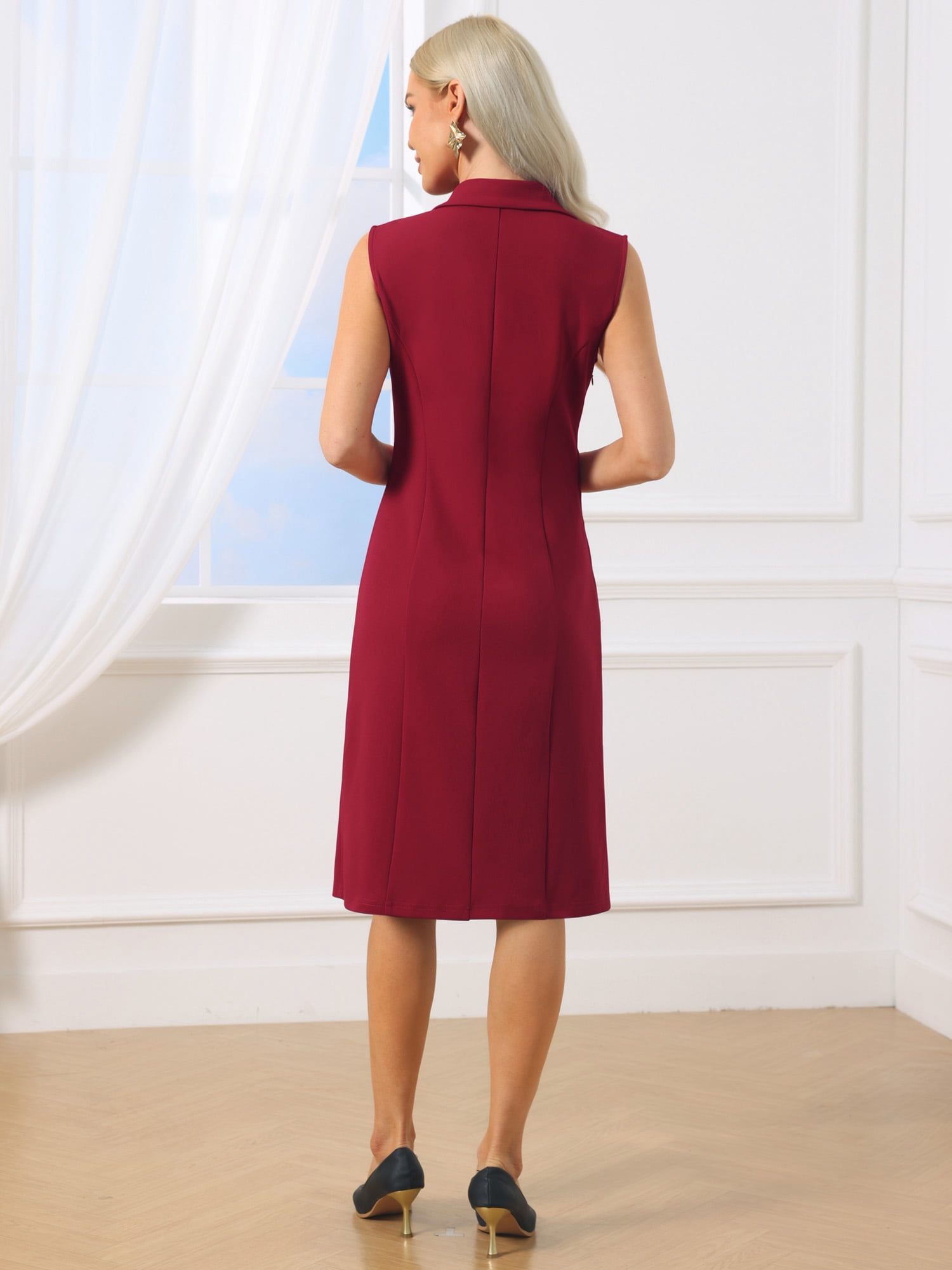 DARING DIVA Women's Pencil Knee Length Notch Lapel Neck Classy Sheath Dress 2XL Wine Red