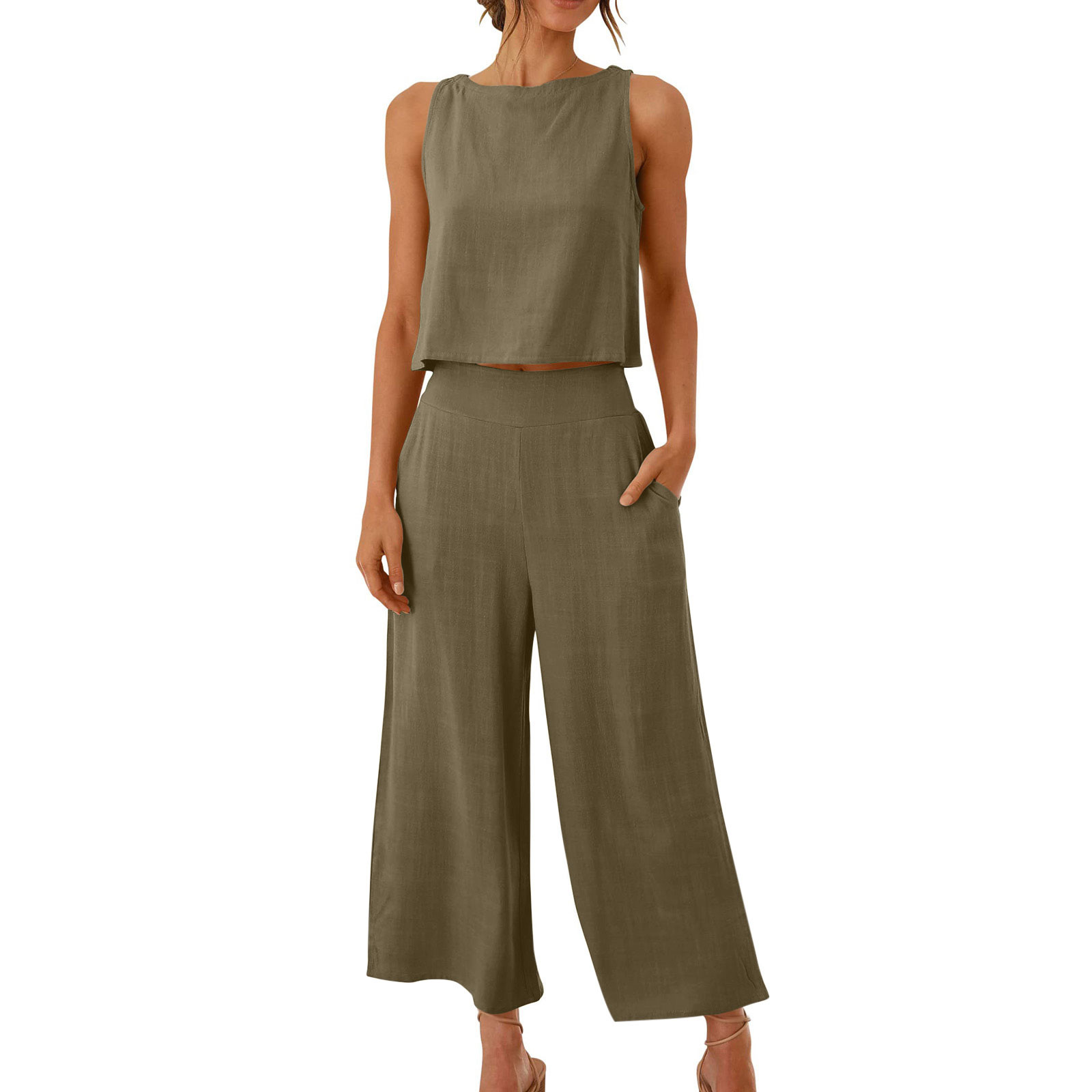Idoravan Women Sets Clothing 2PC Fashion Womens Round Neck Solid Sleeveless Blouse +Loose Pockets Pants Sets
