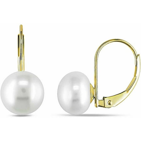 Miabella 8-8.5mm White Button Cultured Freshwater Pearl 14kt Yellow Gold Leverback Earrings