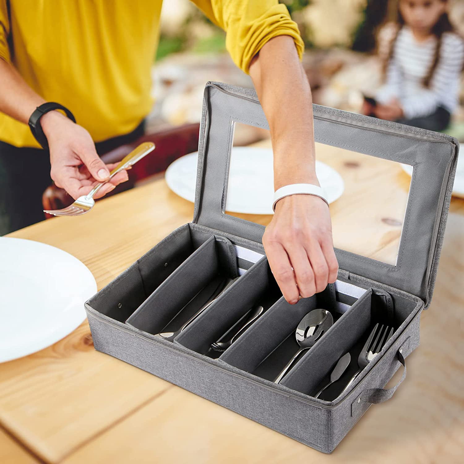 Silverware Storage Box Chest, Flatware Storage Case, Utensil Holder with Removable Lid and Adjustable Dividers for Organizing Utensils, Cutlery, Flatw