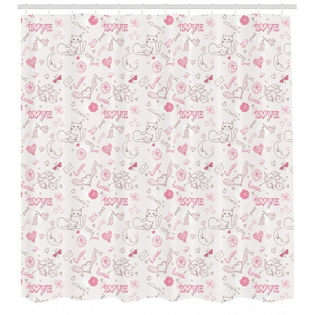 Love Shower Curtain Hand Drawn Style Romantic Icons Kissing Birds