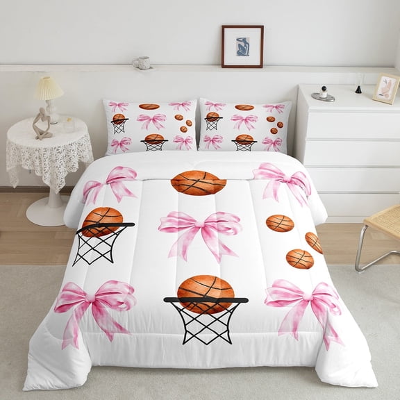Erosebridal Cute Bowknot Bedding Full Comforter Set, Brown Basketball Down Comforter, Sports Player Reversible Comforter Sets Full Size, Lightweight Bedroom Decorative, 3pcs