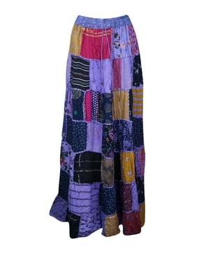 Mogul Women Patchwork Skirt, Long Elastic Waist Rayon Purple Vintage Indian Style Handmade A-Line Long Skirts S/M