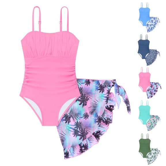 Bigetiay One Piece Swimsuit for Girls Classic Spaghetti Strap with Floral Tropical Print Cover up Girls Bathing Suits 13-14 Years