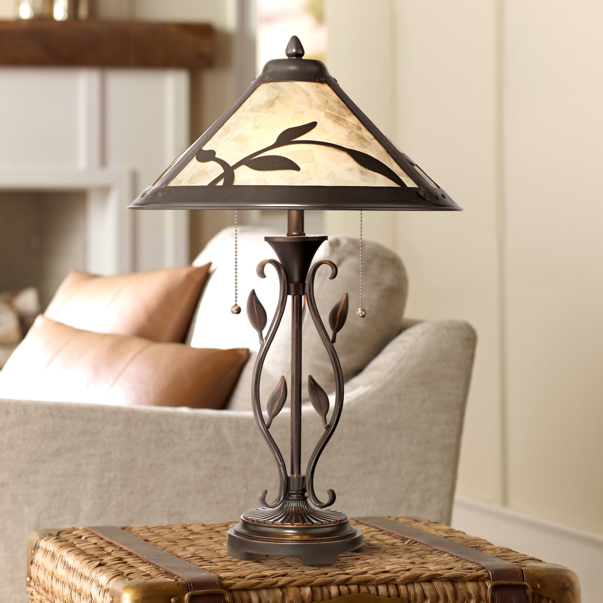 Franklin Iron Works Rustic Table Lamp Metal Openwork Leaf Accents Mica Shade for Living Room 
