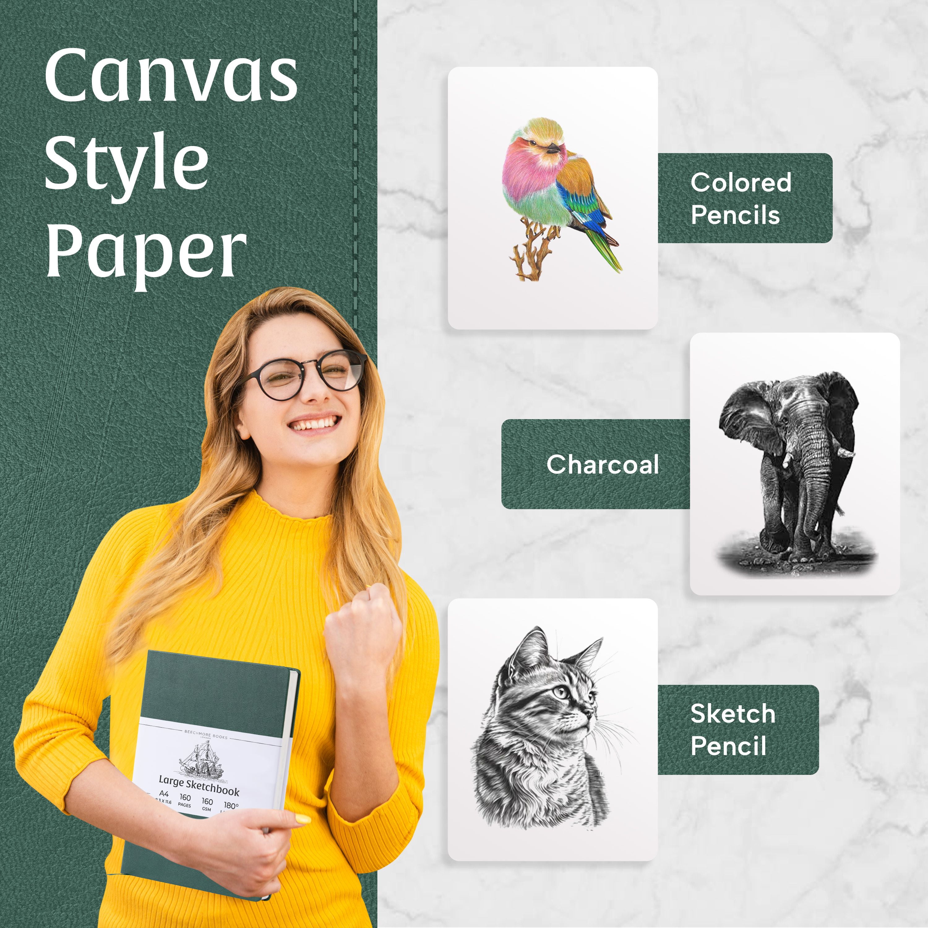 Beechmore Books A4 Sketchbook – 8.5x11" Premium Vegan Leather Bound Large Sketch Book Hardcover With 156 Thick 160gsm Perforated Ivory Pages, Blank Sketch Pad, Gift Boxed, Back Pocket Ribbon Bookmark