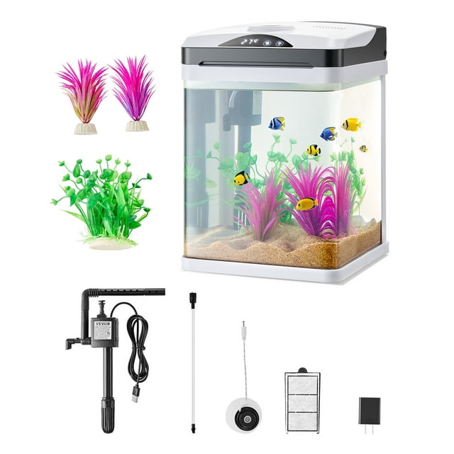 VEVOR Aquarium pour Poisson de 2 Gallons, Verre Clair Carré Intelligent à DEL, 7 Couleurs, Autonettoyant