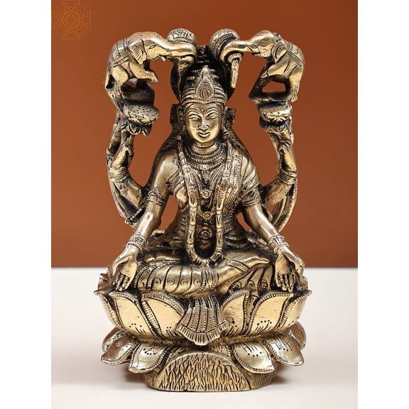 7 Inch Gajalakshmi Goddess Brass Statue - Handmade Hindu Wealth Sculpture