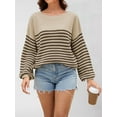 thumbnail image 3 of Women'S Striped Colorblock Knitted Sweater Long Sleeve Round Neck Fashion Oversized Sweater Coffee Color XL, 3 of 7