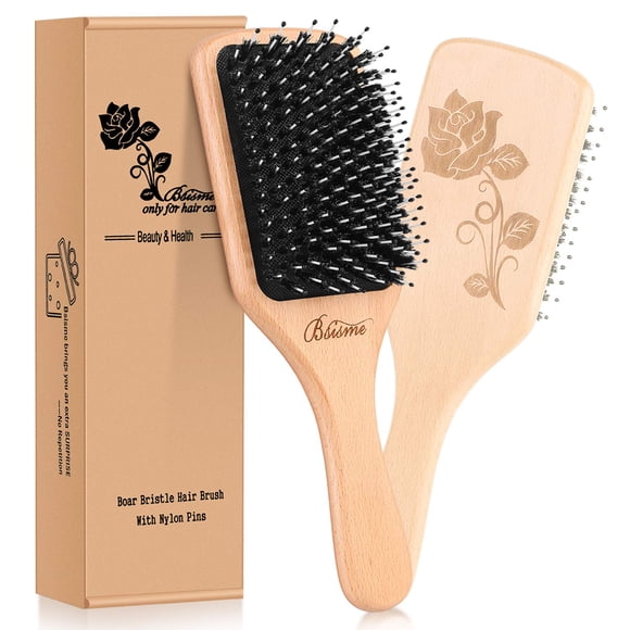 Bsisme Cepillo para el cabello, cerdas de jabalí, cepillo para el cabello con pasadores para desenredar, paleta de madera, cepillo para desenredar, para mujeres y hombres, reduce el encrespamiento, re