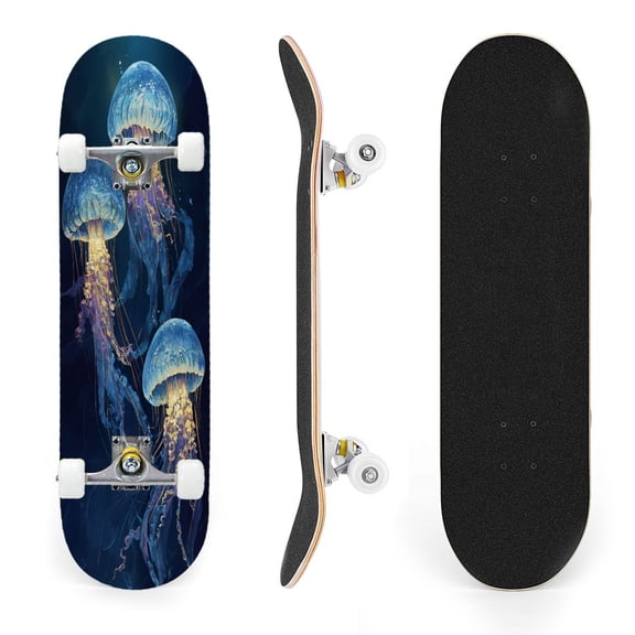 31"x8" Glowing Jellyfish Deep Ocean Waters Ethereal Complete Skateboards for Beginners, Double Kick 7 Ply Maple Deck Skateboard with Wheels, Gifts for Kids Teens