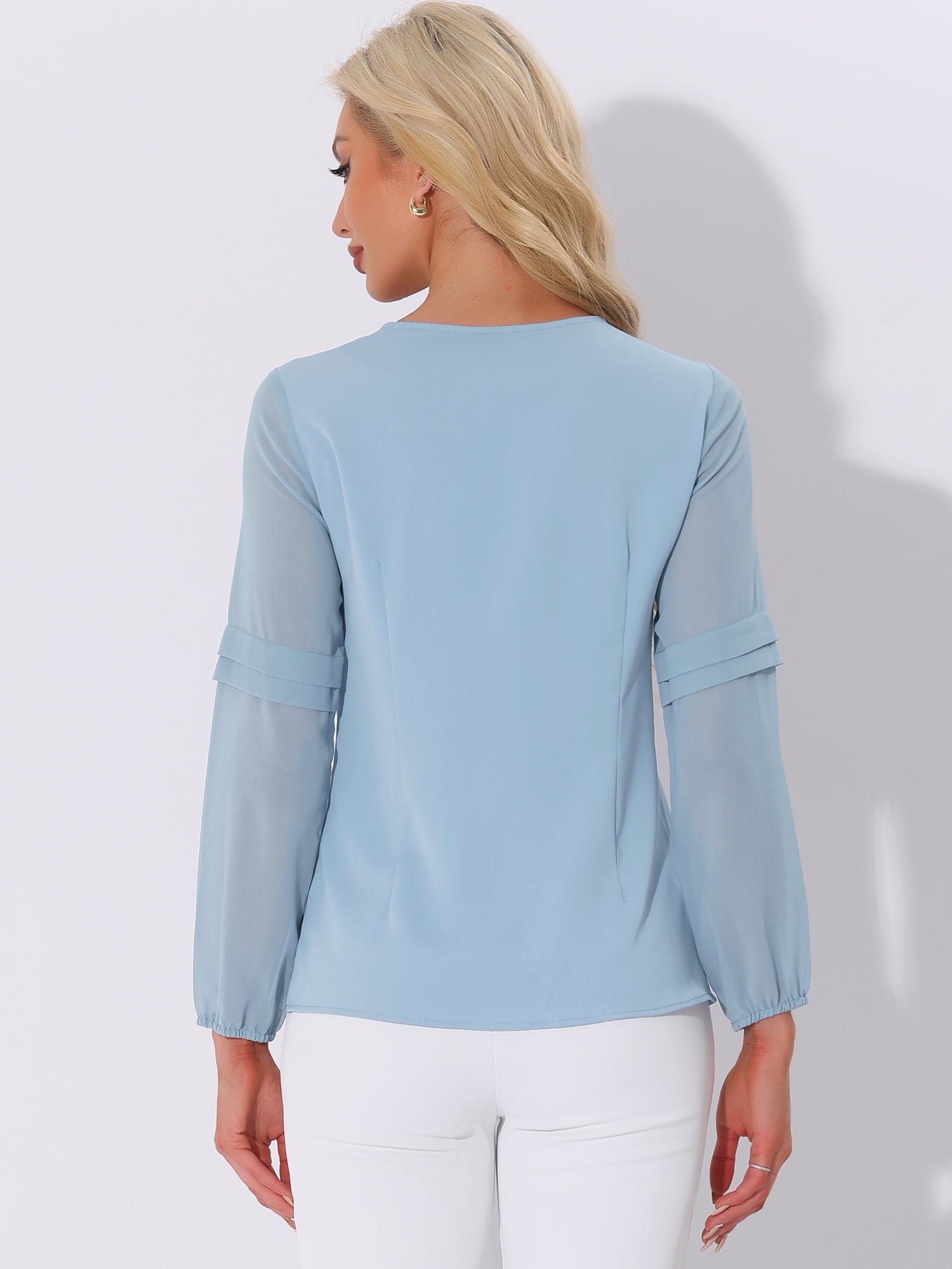 DARING DIVA Chiffon Semi Sheer Long Sleeves Blouses S Grey Blue