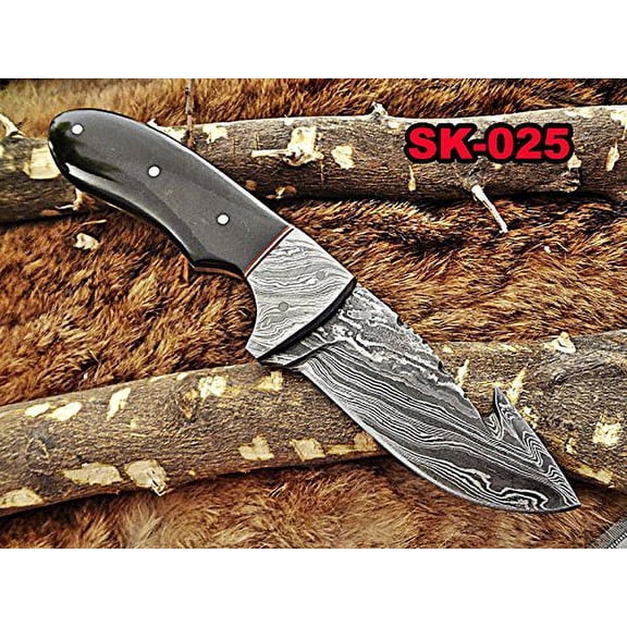 8" Long skinning knife, 4" full tang gut hook blade, hand forged Damascus steel, Bull horn with Damascus bolster scale, Cow Leather sheath