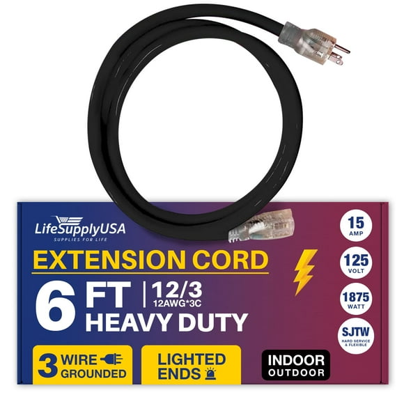 6ft Power Outdoor Extension Cord & Indoor - Waterproof Electric Drop Cord Cable - 3 Prong SJTW, 12 Gauge, 15 AMP, 125 Volts, 1875 Watts, 12/3 by LifeSupplyUSA - Black (1 Pack)