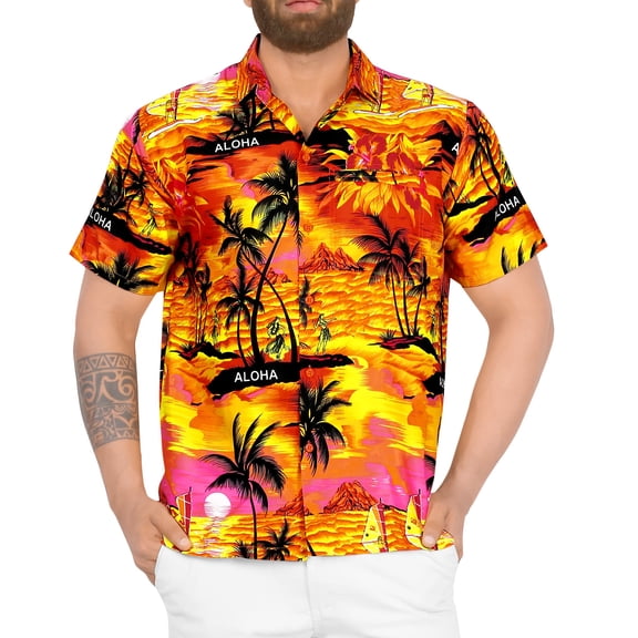 HAPPY BAY Mens Hawaiian Shirts Short Sleeve Button Down Shirt Men's Tropical Shirts Casual Vacation Summer Party Caribbean Shirts for Men Funny L Metallic Beach, Orange