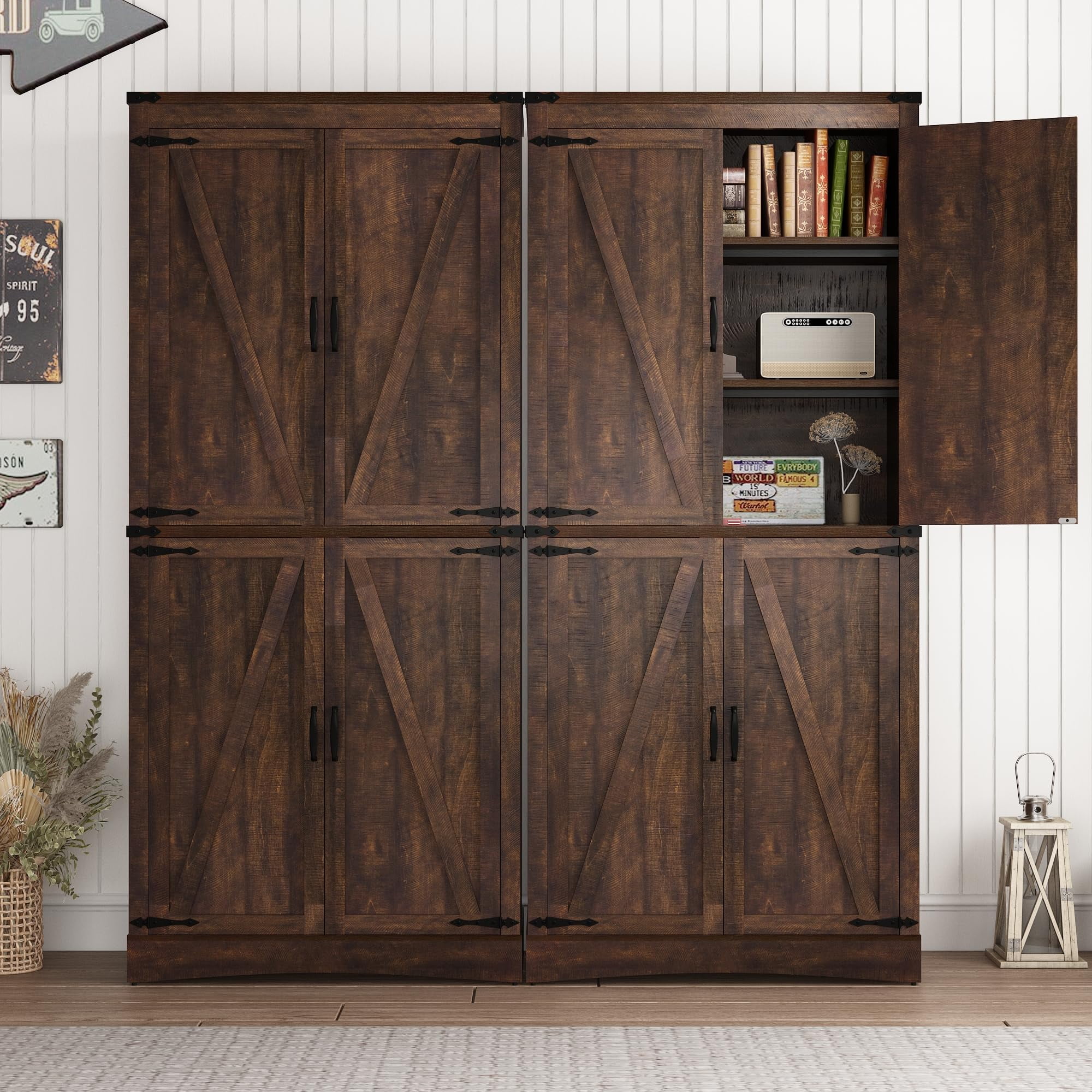 ChVans 71" Tall Farmhouse Kitchen Pantry Storage Cabinet, 5 Layers Freestanding Cupboard with Adjustable Shelves & Load-Bearing Steel Pipe & 4 Barn Doors for Kitchen, Dining Room, Living Room, Brown