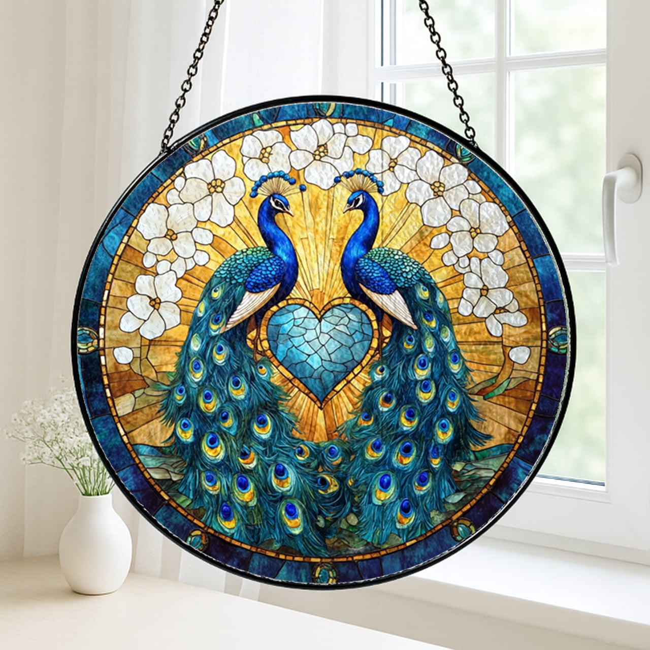 Faux Stained Glass Peacock Love Birds Round Suncatcher Window Hanging Panel for Home Decor Elegant Wedding Anniversary Theme