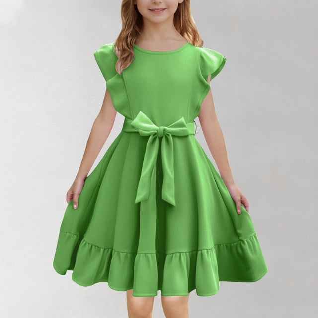 QTBIUQ Robe Ample à Col Rond et Manches Volantées pour Fille, Couleur Unie, avec Nœud, Jupe Courte Plissée et Taille Cintrée, Décontractée, Quotidienne, Polyvalente, Vacances, Fête, Jeu, Ensemble d'Été, Style Mode Mignon (Vert, 12 Ans)