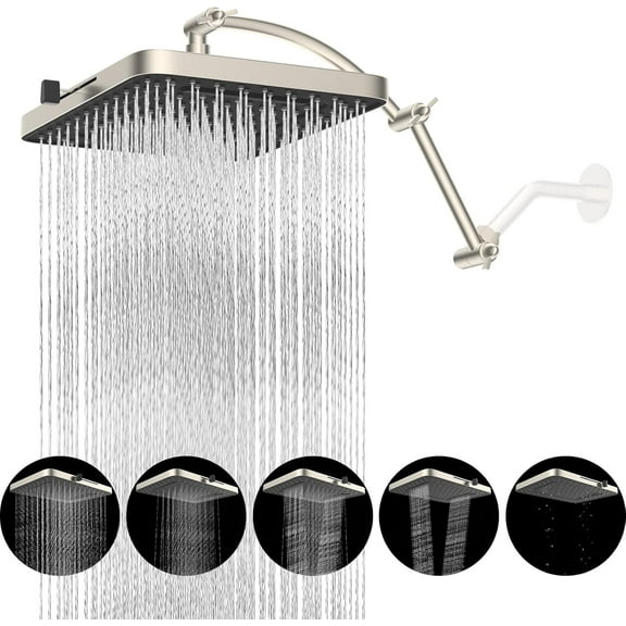 Rain Shower , 13'' High  Rainfall 5  Mode Showerhead with 16" Shower  Extension Arm, Brass Adjustable Shower Arm Extender, Waterfall fixed Showerheads, Brushed Nickel