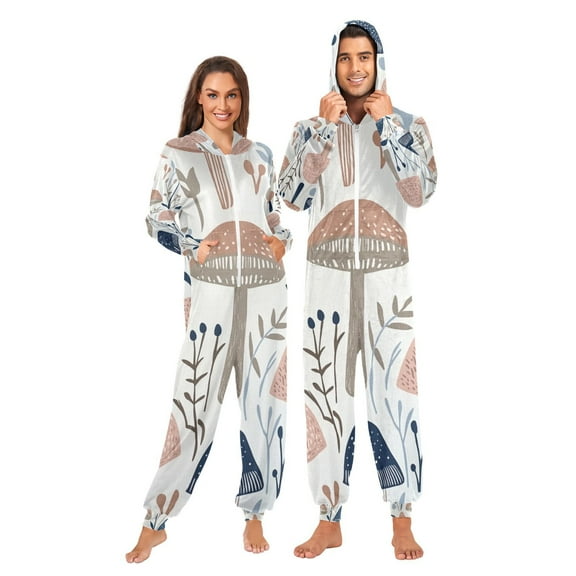 Mushrooms Leaves Adult Onesie Pajamas Slim Fit Christmas One Piece Suit Pjs for Women and Men Hooded Zipper