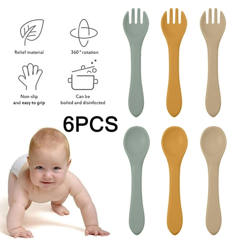 6pcs Of Silicone Baby Spoons And Forks Over 6 Months Old And Up,Super  Durable And Non Fragile,Bast Gift