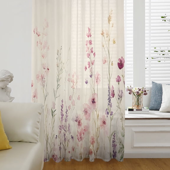 Watercolor Floral Sheer Curtains 54 Inch Length, Light Filtering Voile Curtain Panel, Farmhouse Flowers Retro Rod Pocket Drapes Window Treatments for Living Room Bedroom 52"x54"
