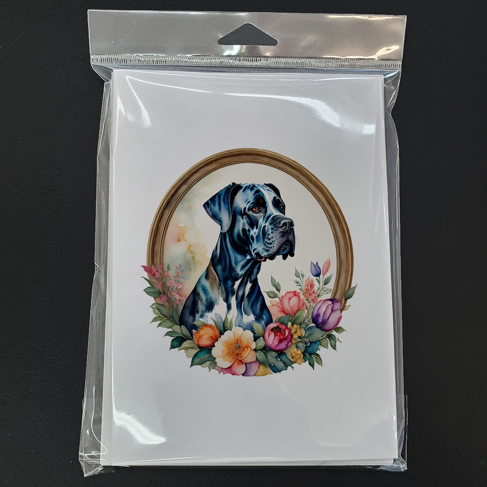 Great Dane and Flowers Greeting Cards and Envelopes Pack of 8 7 in x 5 in