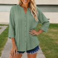 thumbnail image 3 of 3/4 Length Sleeve Womens Tops Cotton Linen V Neck Button Up Pleated Relaxed Fit Dressy Casual Office Work T Shirts, 3 of 5
