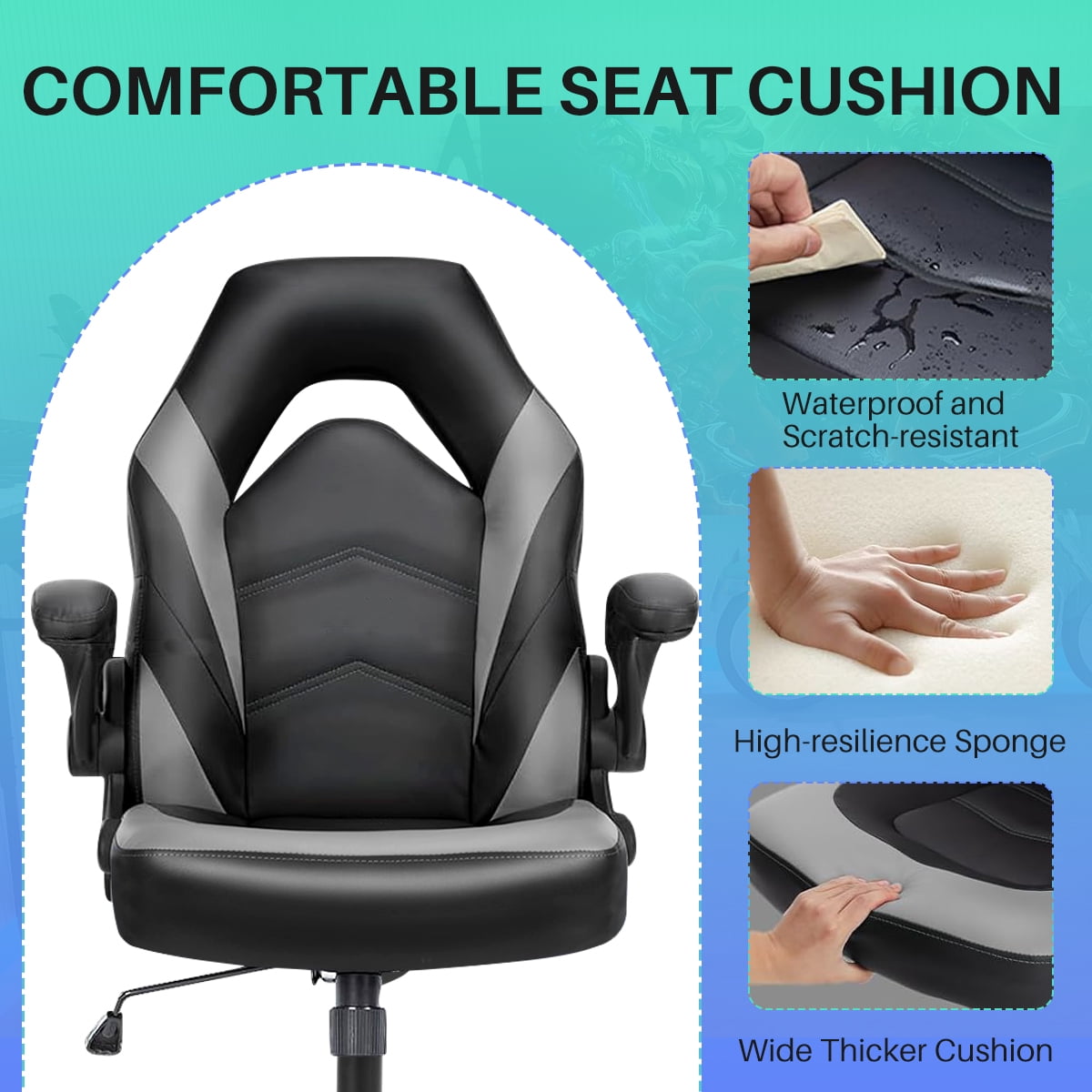 Bigleap Gaming Chair, Ergonomic Office Leather Racing Chair with Flip-up Armrest, Black Gray
