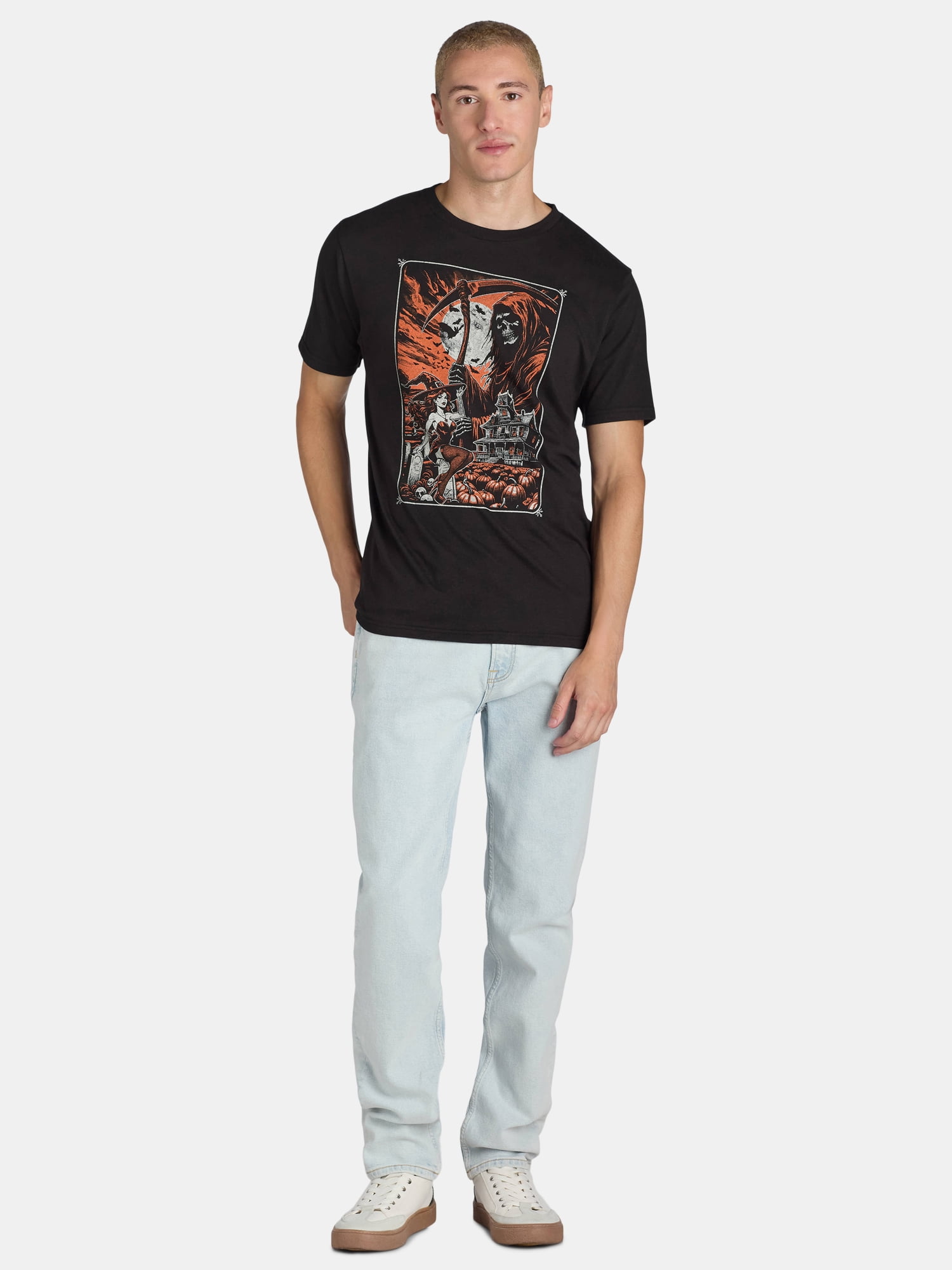 Men's Halloween Grim Reaper Tee with Short Sleeves, Sizes XS Men's Halloween Grim Reaper Tee with Short Sleeves, Sizes XS