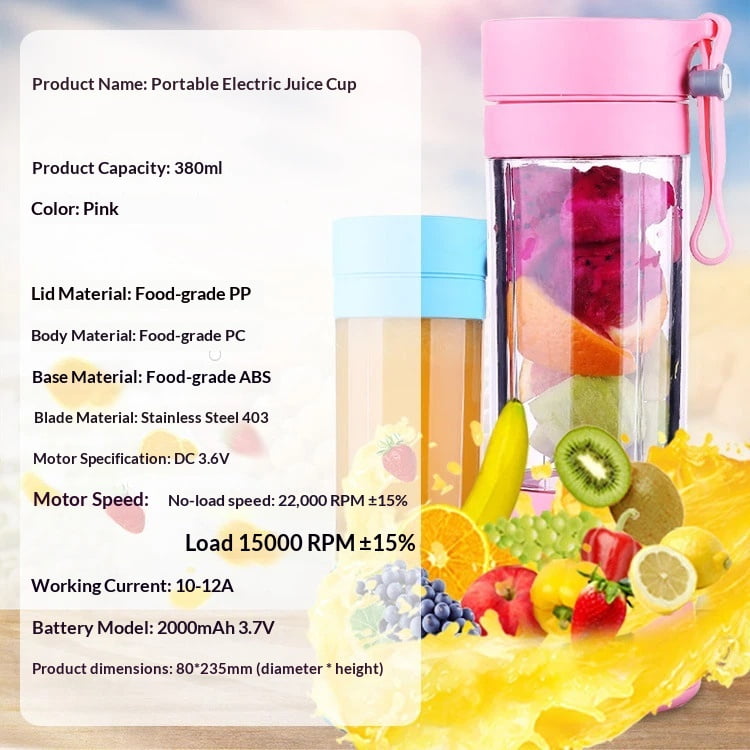 Xl-Kang Portable Blender Cup,Electric USB Juicer,Mini Blender For Shakes and Smoothies, juice,380ml, Six Blades Great for Mixing,pink