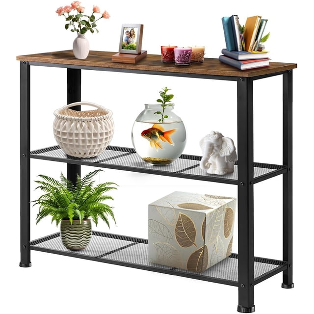 Raganet, Mesa de Consola Industrial con 3 Estantes, Mesa Auxiliar para Sala, Pasillo o Recibidor, Estructura de Acero y Superficie de Madera