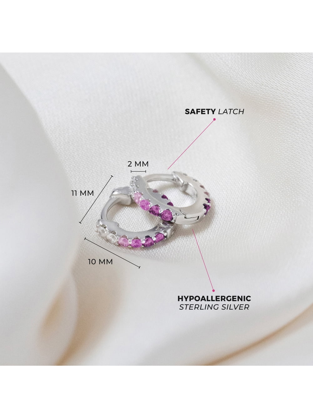 925 Sterling Silver Tiny 7mm Clear & Pink CZ Huggie Hoop Earrings for Girls