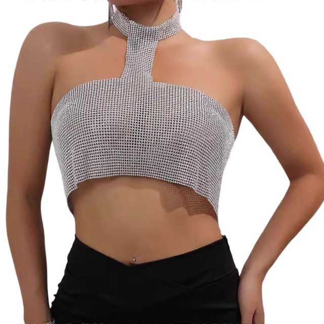 Luxurious Silver Crystal Bralette Crop Top Sparkling Rhinestones Body Chain Halter Neck Tube Top Clubwear for Ladies L