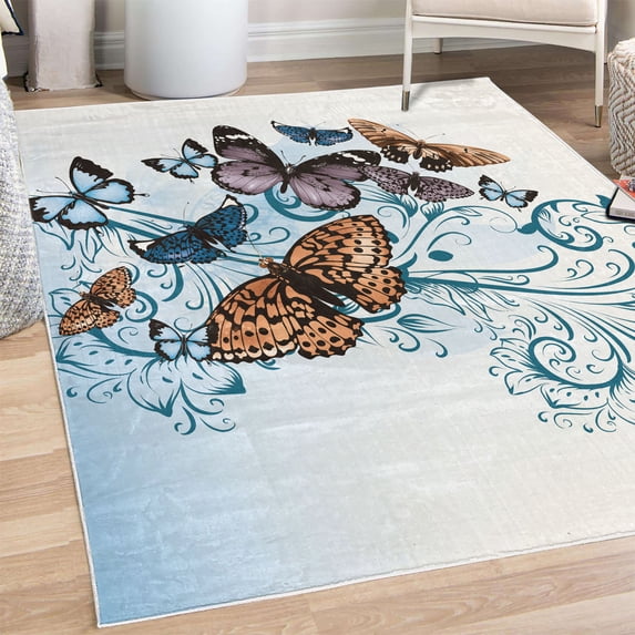 Butterfly Decorative Rug, Monarch Butterflies Vintage Damask Inspired Design, Quality Carpet for Bedroom Dorm and Living Room, 6 Sizes, Petrol Blue, by Ambesonne