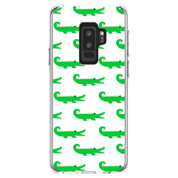 DistinctInk Clear Shockproof Hybrid Case for Samsung Galaxy S9  PLUS (6.2" Screen) - TPU Bumper, Acrylic Back, Tempered Glass Screen Protector - Green White Alligators - Cartoon Alligators