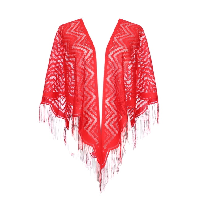 Chales y envolturas INSPIRAR CHIC para vestidos de noche, bufandas triangulares de encaje con flecos para bodas y fiestas formales 70.9"x27.6" Rojo