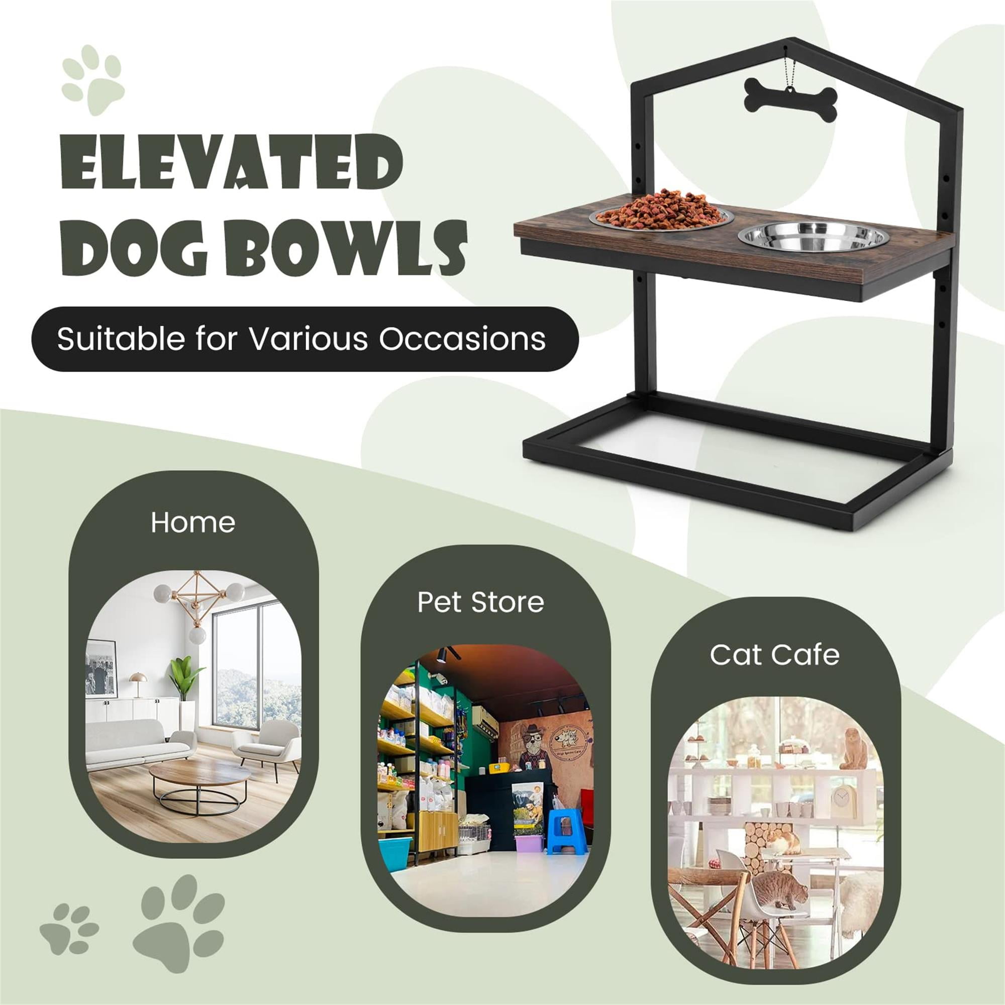 Kadyn 9"-17" Elevated Pet Feeder with 2 Stainless Steel Dog Bowl, Pet Food Bowls for Feeding Small Medium Dogs Cats Puppies, Brown