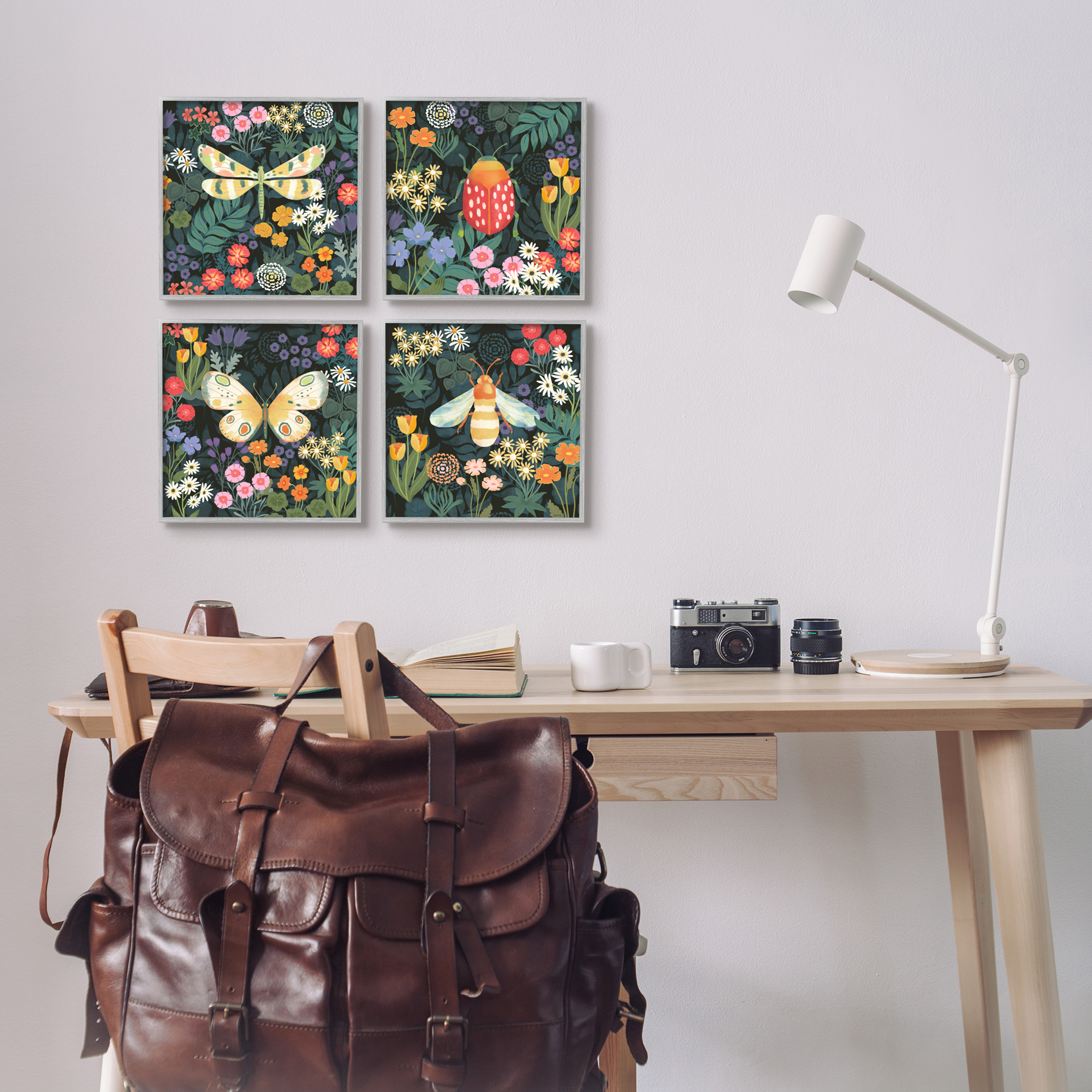 Stupell Industries Insects Among Wildflowers Animals & Insects Painting Gray Framed Art Print Wall Art, 12 x 12, Set of 4