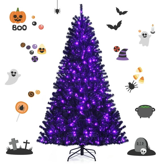Gymax 7 FT Pre-lit Black Halloween Tree Artificial Hinged Christmas Tree