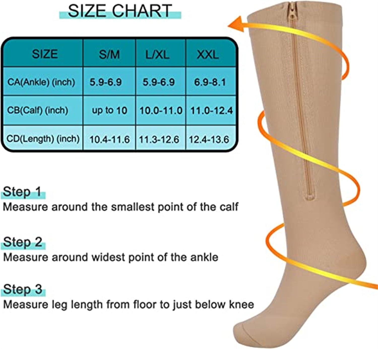 2 Pairs Wukang 15-20 mmHg Beige L/XL Size Zipper Compression Socks Closed Toe Knee High Compression Stockings for Men & Women