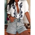 thumbnail image 3 of Katigan Women Summer Tops Casual Floral Boho V Neck Puff Short Sleeve Button Down Shirts Embroidered Blouses Tunic White M, 3 of 7