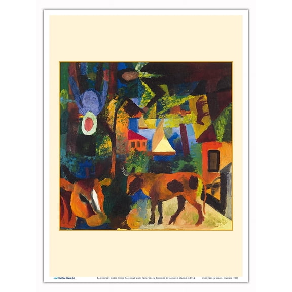 Landscape with Cows Sailboat and Painted-in Figures - From an Original Color Painting by August Macke c.1914 - Master Art Print (Unframed) 9in x 12in