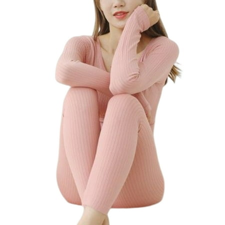

ADVEN Women Thermal Underwear Girls Long Sleeve Round Neck Simple Design Solid Color Warm Tops Pants Autumn Leisure Time Lingerie Pink