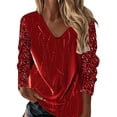thumbnail image 1 of T-shirt pour Femmes Imprimé Col en V Manches Longues Blouse Automne Hauts pour Femmes Rouge L, 1 of 4